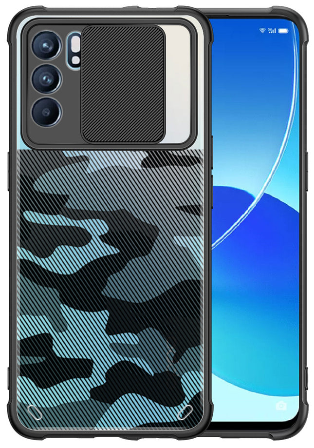 Camo Slider Back Cover for Oppo Reno 6 Pro (5G) , [Military Grade Protection] Shockproof Slim Clear Camera Shield Bumper Back Case (Black)