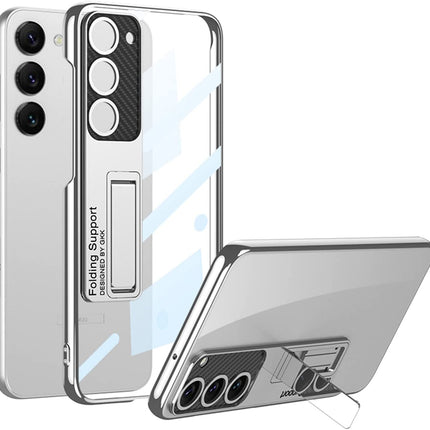 Mobizang Phantom Ultra Thin Back Case for Samsung Galaxy S23 Plus | Inbuilt Stand Electroplated Edges Full Body Protection Back Cover (Silver)