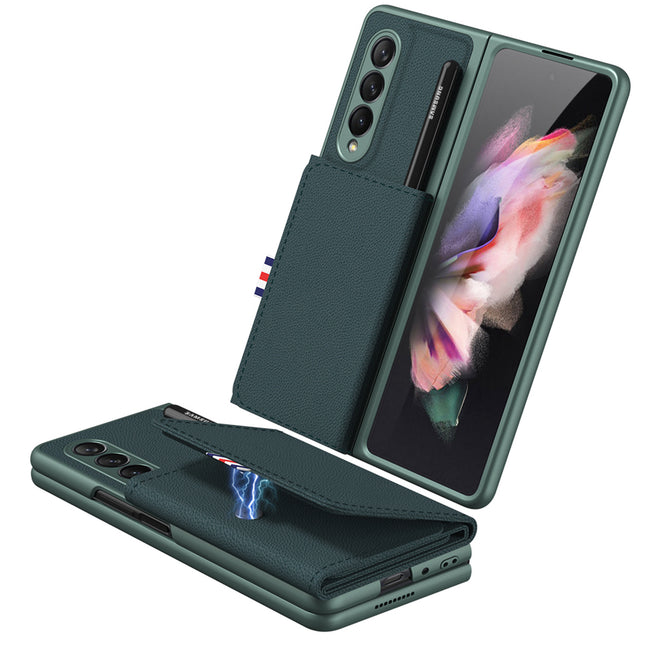 Leather Case With S Pen Holder for Samsung Galaxy Z Fold3 , Inbuilt Magnetic Wallet Stand Protection Back Cover, Green