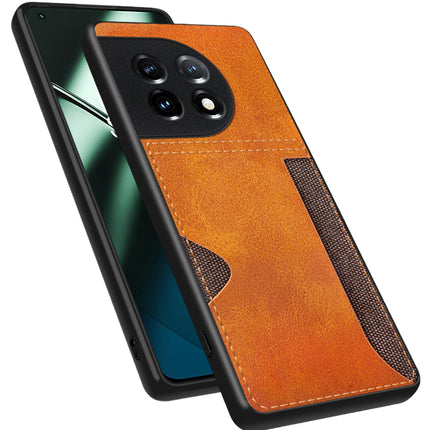 Mobizang Razor Wallet Back Case for OnePlus 11 | Slim PU Leather & Fabric Cover with Inbuilt Card Pocket (Brown)