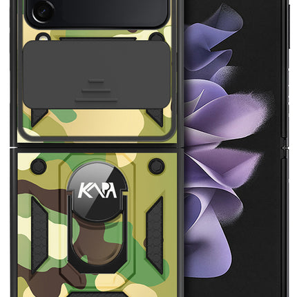 Tank Back Cover for Samsung Galaxy Z Flip 3 (5G) , Inbuilt Ring + Slider Shockproof Lens Protection Case (Green)