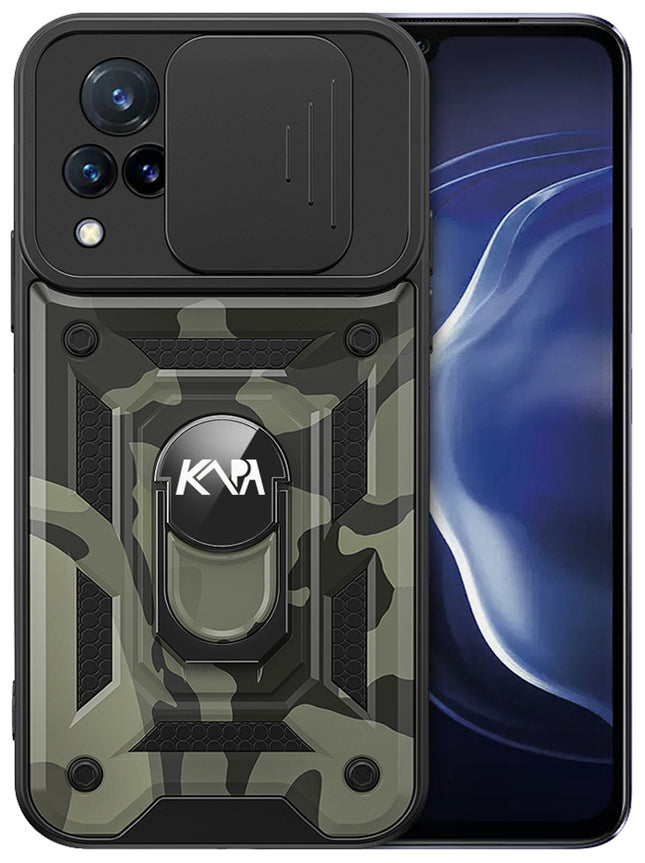 Tank Back Cover for Vivo V21 , Inbuilt Ring & Slider [Military Grade Protection] Shockproof Lens Protection Case (Black)