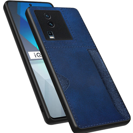 Mobizang Razor Wallet Back Case for IQOO Neo 7 (5G) | Slim PU Leather & Fabric Cover with Inbuilt Card Pocket (Blue)