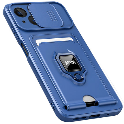 Bisen Back Cover for Apple iPhone 13 (6.1) , Inbuilt Camera Slider ,Ring Stand and Card Pocket Shockproof Slim Bumper Back Case (Blue)