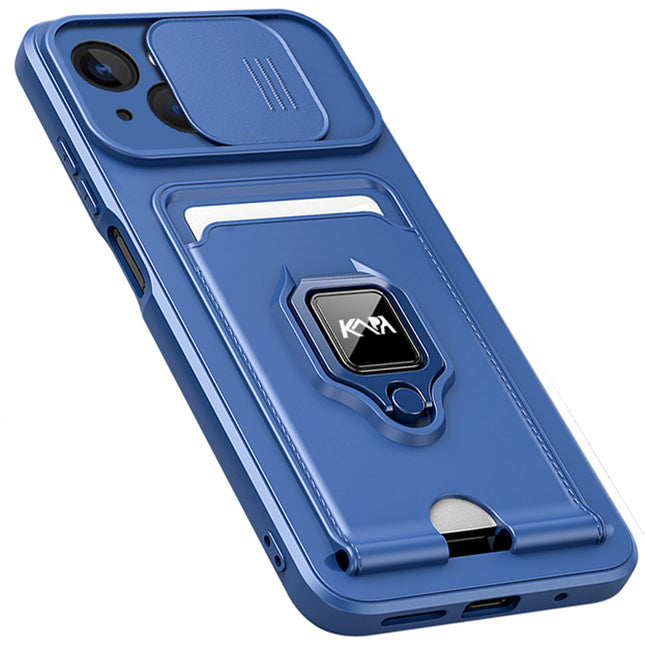 Bisen Back Cover for Apple iPhone 13 (6.1) , Inbuilt Camera Slider ,Ring Stand and Card Pocket Shockproof Slim Bumper Back Case (Blue)