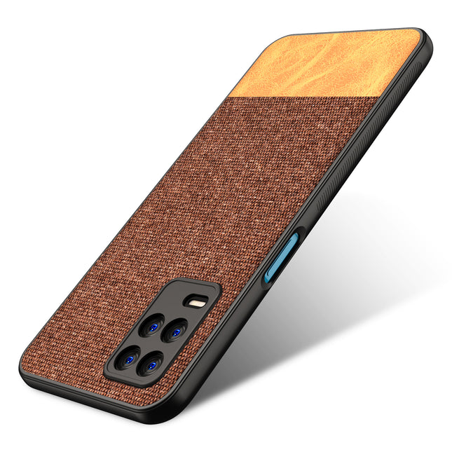 Soft Fabric & Leather Hybrid for Realme 8 (5G) Back Cover, Shockproof Protection Slim Hard Back Case (Brown)