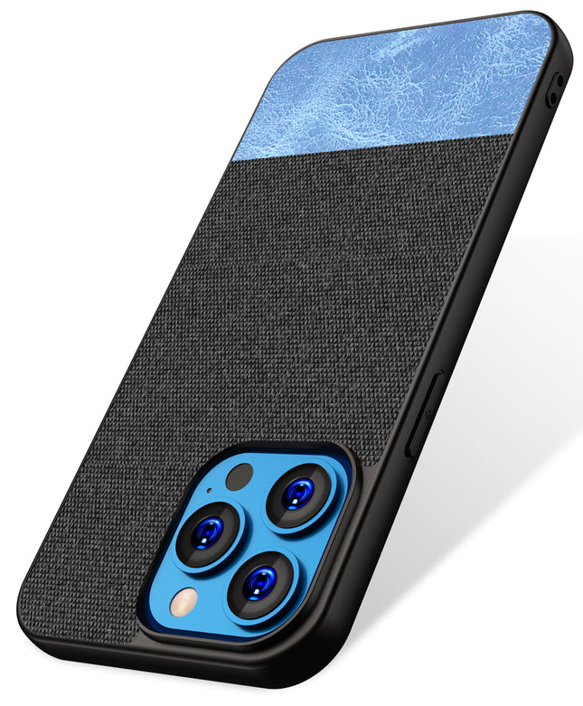 Mobizang Soft Fabric & Leather Hybrid Protective Back Case Cover for Apple iPhone 14 Mini (Black,Blue)