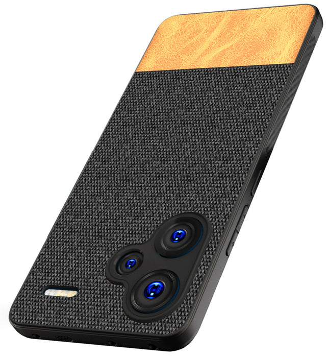 Mobizang Soft Fabric & Leather Hybrid Protective Back Cover for Redmi Note 13 PRO PLUS | Shockproof Slim Hard Anti Slip Back Case (Black , Brown)