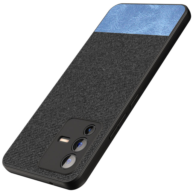 Soft Fabric & Leather Hybrid for Vivo V23 (5G) Back Cover, Shockproof Protection Slim Hard Back Case (Black ,Blue)