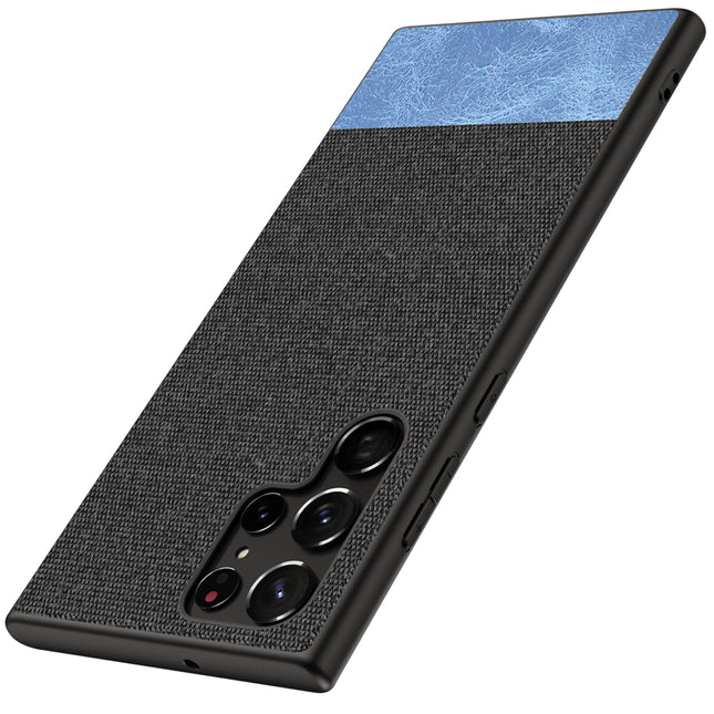 Soft Fabric & Leather Hybrid Protective Case Cover for Samsung Galaxy S22 ULTRA (Black,Blue)