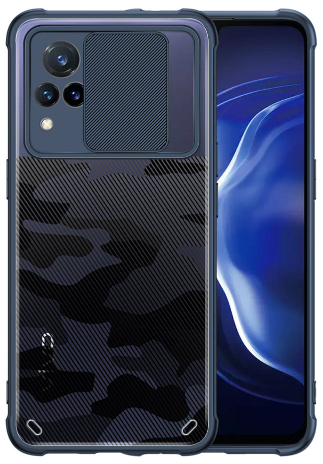Camo Slider Back Cover for Vivo V21 , [Military Grade Protection] Shockproof Slim Clear Camera Shield Bumper Back Case (Blue)