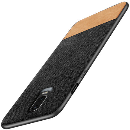 Soft Fabric & Leather Hybrid Protective Case Cover for OnePlus 6T / One Plus 6T (Black,Brown)