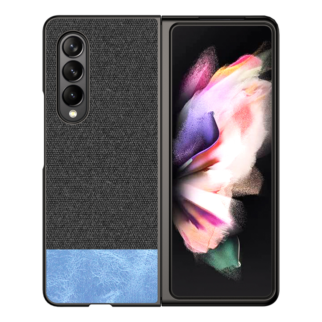 Soft Fabric & Leather Hybrid Protective Case Cover for Samsung Galaxy Z Fold 3 (Black,Blue)
