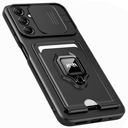 Mobizang Bisen Back Cover for Samsung Galaxy A54 (5G) | Inbuilt Camera Slider Ring Stand and Card Pocket Shockproof Slim Bumper Back Case (Black)