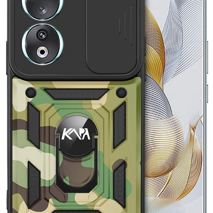 Mobizang Tank Back Cover for Honor 90 (5G) | Inbuilt Ring + Slider Shockproof Lens Protection Bumper Back Case (Green)