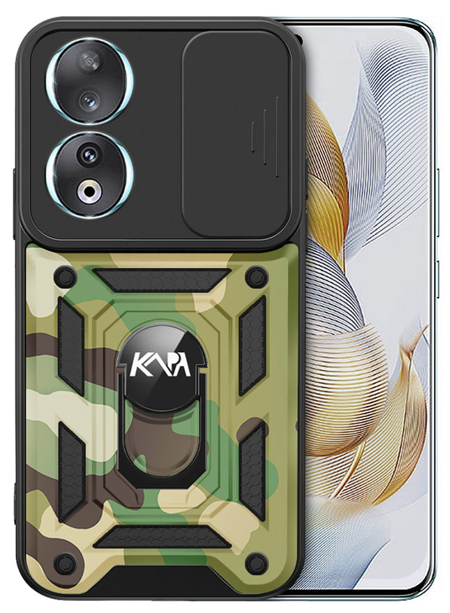 Mobizang Tank Back Cover for Honor 90 (5G) | Inbuilt Ring + Slider Shockproof Lens Protection Bumper Back Case (Green)