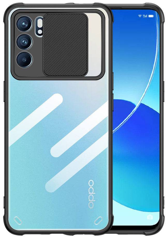 Slider Back Cover for Oppo Reno 6 Pro (5G) , [Military Grade Protection] Shockproof Slim Clear Camera Shield Bumper Back Case (Black)