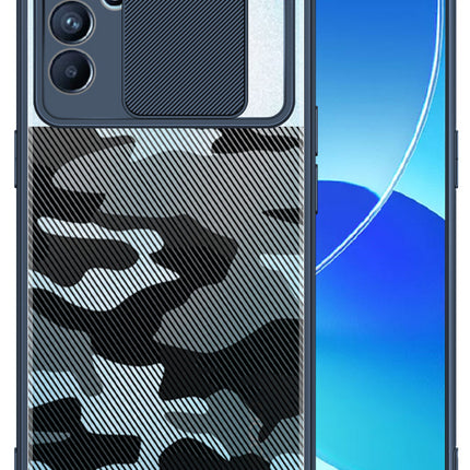Camo Slider Back Cover for Oppo Reno 6 (5G), [Military Grade Protection] Shockproof Slim Clear Camera Shield Bumper Back Case (Blue)