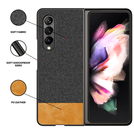 Soft Fabric & Leather Hybrid Protective Case Cover for Samsung Galaxy Z Fold 3 (Black,Brown)