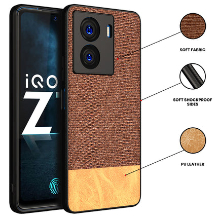 Mobizang Soft Fabric & Leather Hybrid Protective Case Cover for IQOO Z7 / Z7S (5G) | Shockproof Slim Hard Anti Slip Back Case (Brown)