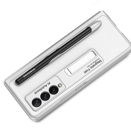 Leather Case With S Pen Holder for Samsung Galaxy Z Fold3 , Inbuilt Stand Hybrid Stand Protection Back Cover, Silver