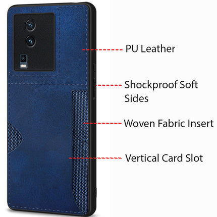 Mobizang Razor Wallet Back Case for IQOO Neo 7 (5G) | Slim PU Leather & Fabric Cover with Inbuilt Card Pocket (Blue)