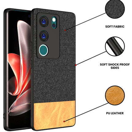 Mobizang Soft Fabric & Leather Hybrid Protective Back Cover for Vivo V29 (5G) / Vivo V29 Pro (5G) | Shockproof Slim Hard Anti Slip Back Case (Black::Brown)