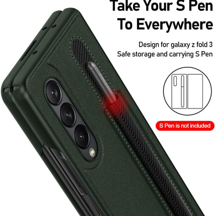 Leather Case With S Pen Holder for Samsung Galaxy Z Fold3 , 360 Full Body Protection Cover, Green