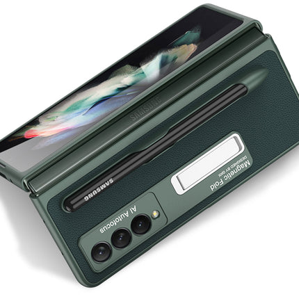 Leather Case With S Pen Holder for Samsung Galaxy Z Fold3 , Inbuilt Stand Hybrid Stand Protection Back Cover, Green