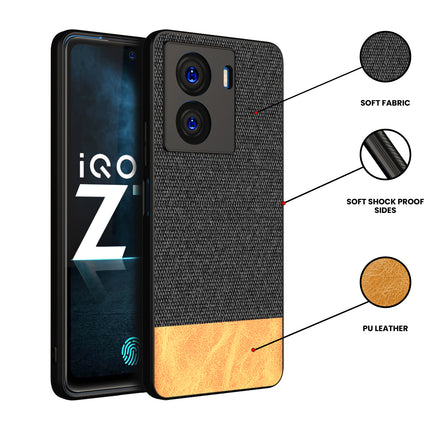 Mobizang Soft Fabric & Leather Hybrid Protective Case Cover for IQOO Z7 / Z7S (5G) | Shockproof Slim Hard Anti Slip Back Case (Black,Brown)