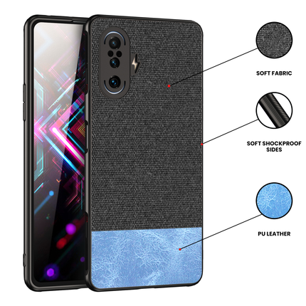 Soft Fabric & Leather Hybrid Protective Case Cover for Poco F3 GT (Black,Blue)