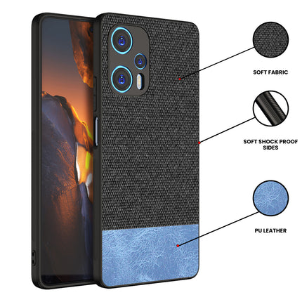 Mobizang Soft Fabric & Leather Hybrid Protective Back Cover for Poco F5 | Shockproof Slim Hard Anti Slip Back Case (Black::Blue)