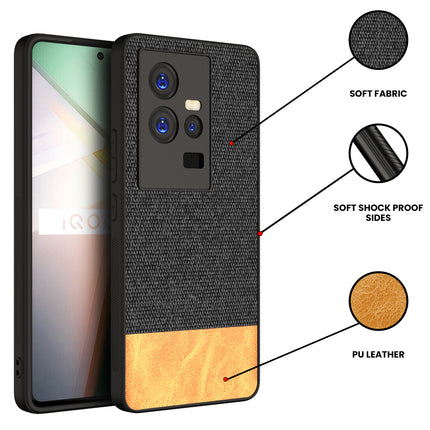 Mobizang Soft Fabric & Leather Hybrid for IQOO 11 Back Cover | Shockproof Hybrid Slim Hard Anti Slip Back Case (Black , Brown)