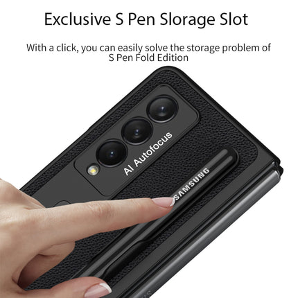 Leather Case With S Pen Holder for Samsung Galaxy Z Fold3 , Inbuilt Stand Hybrid Stand Protection Back Cover, Black