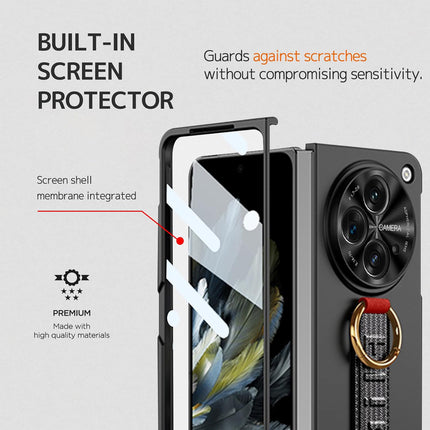 Mobizang Shockproof Protective Band Back Cover for OnePlus Open | Wrist Strap , Ring , Kickstand and Inbuilt Screen Tempered Glass Case, Black