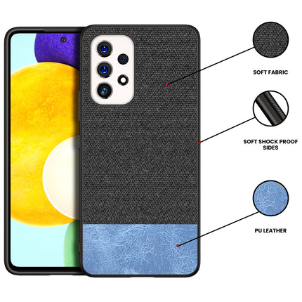 Soft Fabric & Leather Hybrid for Samsung Galaxy A53 (5G) Back Cover, Shockproof Protection Slim Hard Back Case (Black ,Blue)