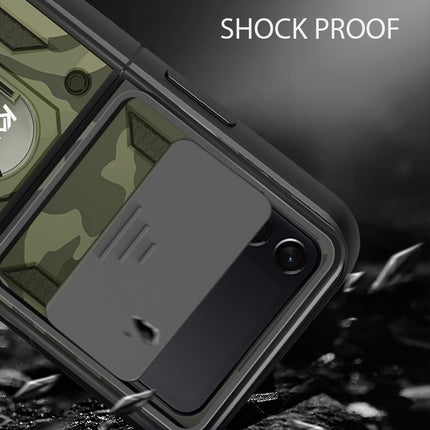Tank Back Cover for Samsung Galaxy Z Flip 3 (5G) , Inbuilt Ring + Slider Shockproof Lens Protection Case (Green)