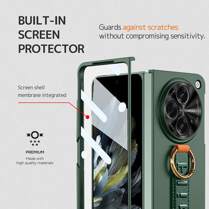 Mobizang Shockproof Protective Band Back Cover for OnePlus Open | Wrist Strap , Ring , Kickstand and Inbuilt Screen Tempered Glass Case, Green