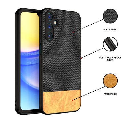Mobizang Soft Fabric & Leather Hybrid Protective Back Cover for Samsung Galaxy A25 (5G) | Shockproof Slim Hard Anti Slip Back Case (Black , Brown)