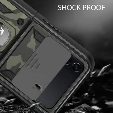 Tank Back Cover for Samsung Galaxy Z Flip 3 (5G) , Inbuilt Ring + Slider Shockproof Lens Protection Case (Black)