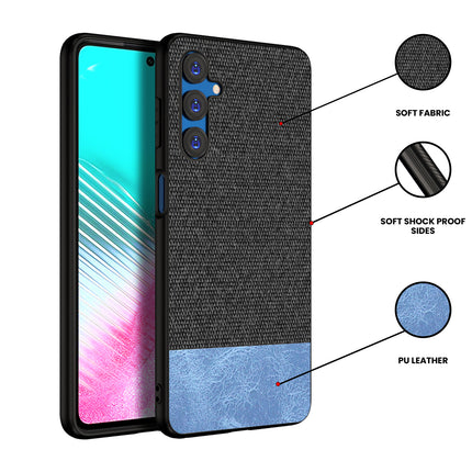 KAPA Soft Fabric & Leather Hybrid Protective Back Cover for Samsung Galaxy F54 | Shockproof Slim Hard Anti Slip Back Case (Black , Blue)