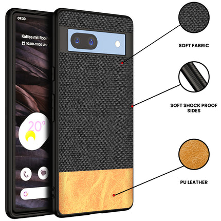 Mobizang Soft Fabric & Leather Hybrid Protective Case Cover for Google Pixel 7A | Shockproof Slim Hard Anti Slip Back Case (Black,Brown)
