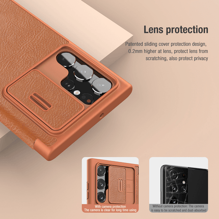 Nillkin Qin Series Leather Flip Case Cover for Samsung Galaxy S22 Ultra (Brown)