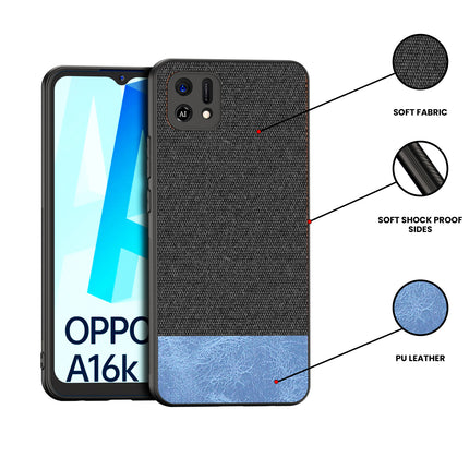 Soft Fabric & Leather Hybrid Protective Case Cover for Oppo A16K (Black ,Blue)
