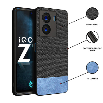 Mobizang Soft Fabric & Leather Hybrid Protective Case Cover for IQOO Z7 / Z7S (5G) | Shockproof Slim Hard Anti Slip Back Case (Black,Blue)