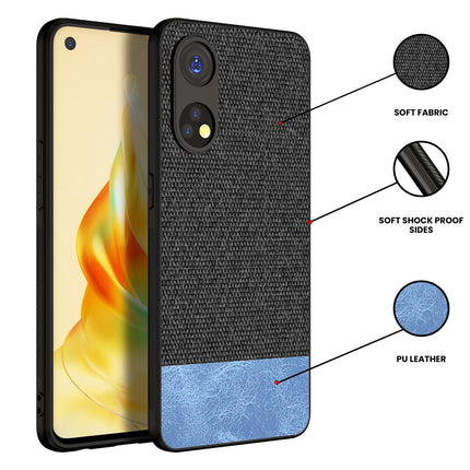 Mobizang Soft Fabric & Leather Hybrid for Oppo Reno 8T (5G) Back Cover | Shockproof Hybrid Slim Hard Anti Slip Back Case (Black, Blue)