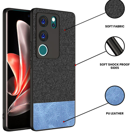 Mobizang Soft Fabric & Leather Hybrid Protective Back Cover for Vivo V29 (5G) / Vivo V29 Pro (5G) | Shockproof Slim Hard Anti Slip Back Case (Black::Blue)