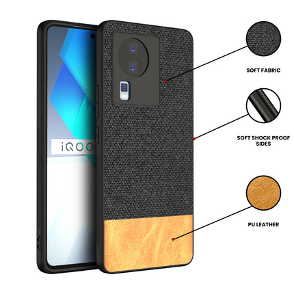 Mobizang Soft Fabric & Leather Hybrid for Vivo IQOO Neo 7 (5G) Back Cover | Shockproof Hybrid Slim Hard Anti Slip Back Case (Black, Brown)