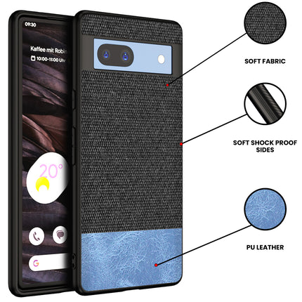 Mobizang Soft Fabric & Leather Hybrid Protective Case Cover for Google Pixel 7A | Shockproof Slim Hard Anti Slip Back Case (Black,Blue)