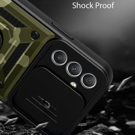 Mobizang Tank Back Cover for Samsung Galaxy A34 (5G) | Inbuilt Ring + Slider Shockproof Lens Protection Case (Green)